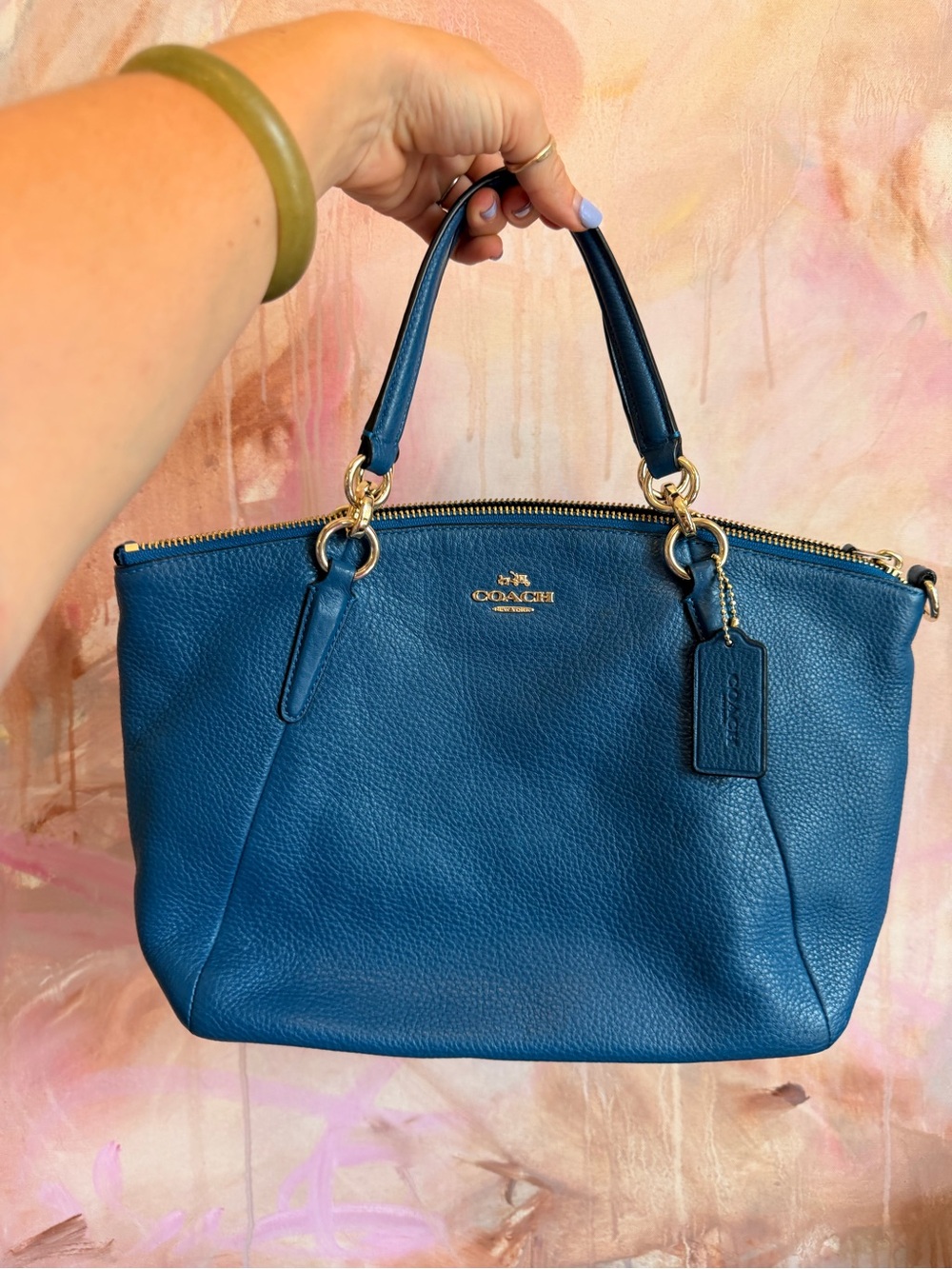 Coach Pebbled Leather Satchel in Teal Blue with Gold Hardware
